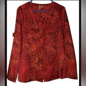Anne Klein Shimmer Red Floral Roll Tab Button Up V Neck Blouse Sz Large Women's